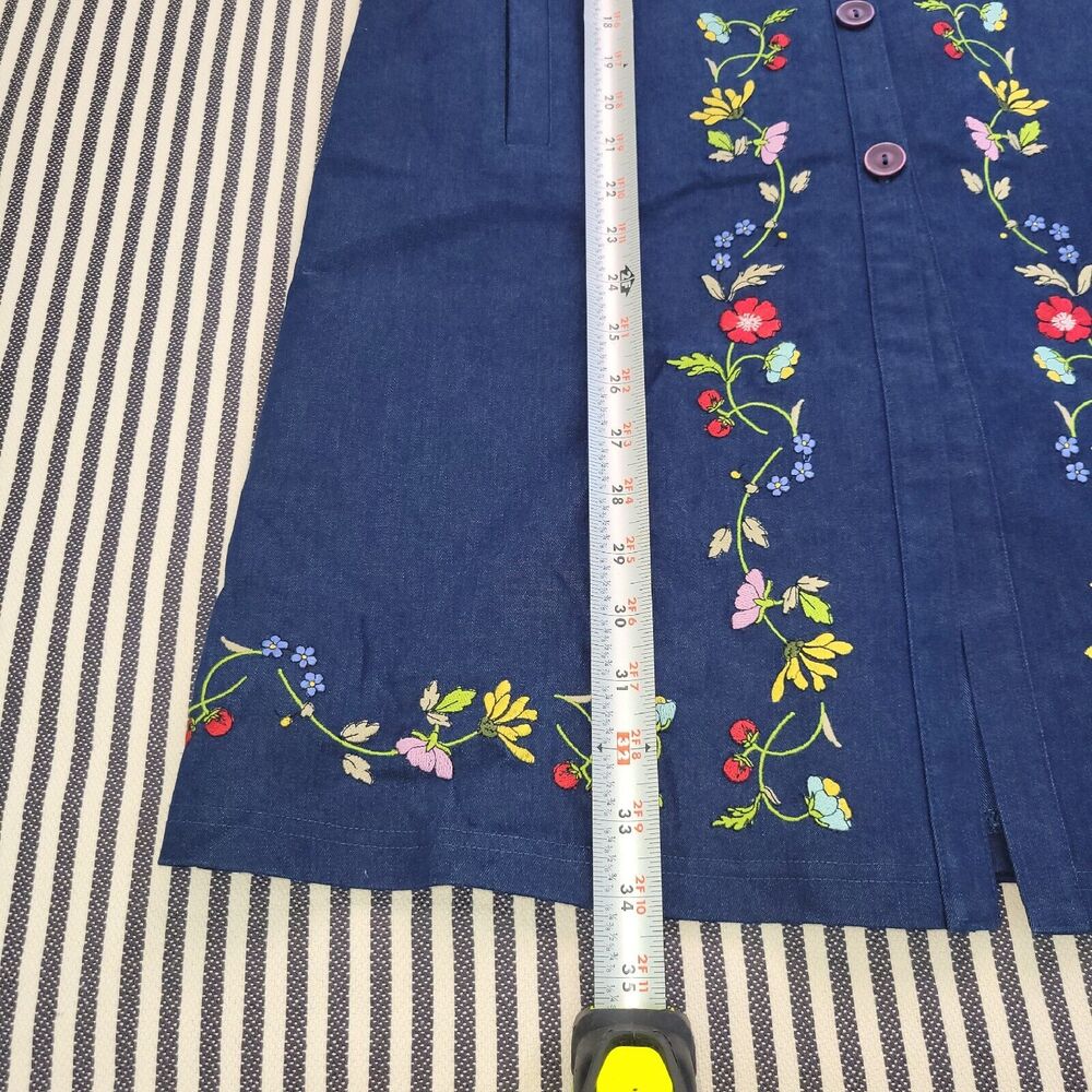 Vintage Mia Nola Womens M Dark Blue Floral Embroidered Shirt Dress With Pockets - Picture 9 of 13